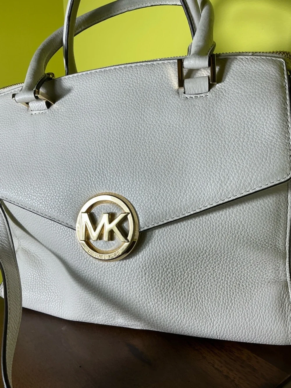 Michael Kors White Leather Satchel with Gold MK Medallion